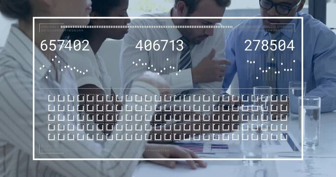 Animation of data processing over diverse business people in office