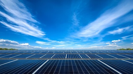 Vast array of solar panels under a bright, clear blue sky, capturing renewable energy from the sun, symbolizing sustainability and clean energy technology.