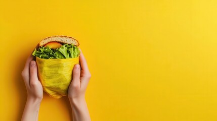 A vibrant hand-held burger wrapped in yellow paper against a bright yellow background, showcasing fresh ingredients and a fun vibe.