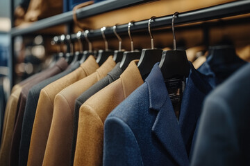 Fototapeta premium Close-up of stylish men's jackets hanging in a store