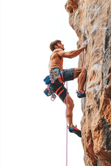 Fototapeta premium Male rock climber ascending a cliff face isolated on white
