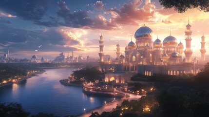 Fototapeta premium A majestic palace with iridescent domes and glowing spires