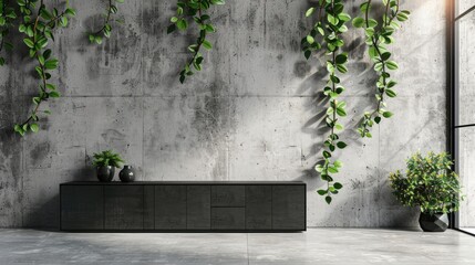 Architectural concrete wall with green leaves and black cabinet in loft interior captured in a photo