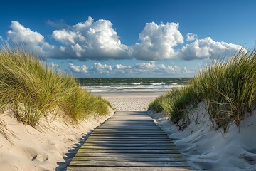 Fototapeta premium Tranquil Beach Pathway Through Dunes Under a Blue Sky