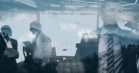 Animation of binary coding data processing over diverse business people in office - Powered by Adobe