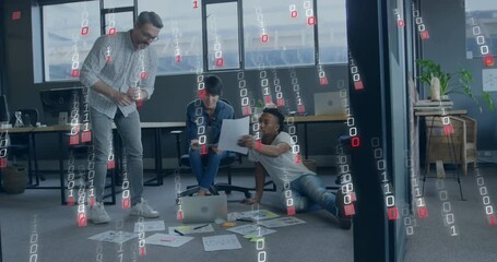 Animation of binary coding data processing over diverse business people in office - Powered by Adobe