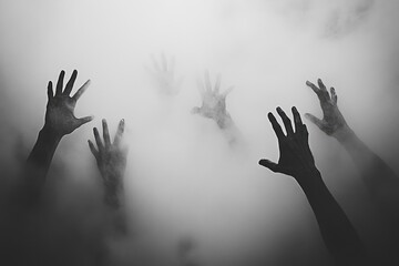 Multiple human arms reaching out of the fog in a misty, foggy atmosphere, black and grey tones on a white background, spooky Halloween theme with a horror style and eerie, scary mood