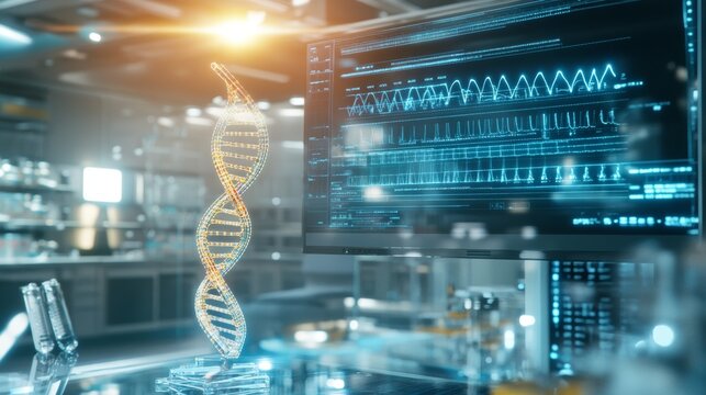A modern biotechnology lab with transparent biotech research tools and glowing DNA sequences