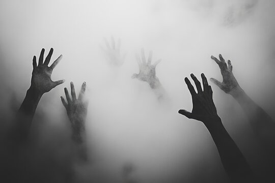 Multiple human arms reaching out of the fog in a misty, foggy atmosphere, black and grey tones on a white background, spooky Halloween theme with a horror style and eerie, scary mood