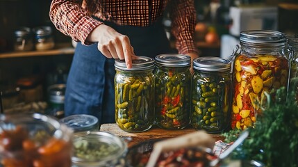 Person using a food preservation method like canning or pickling, extending shelf life, self-sufficiency.