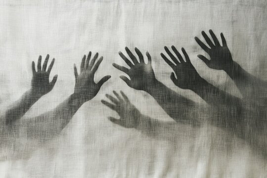 Multiple hands reaching out from behind a white linen cloth, creating a ghostly effect in shades of black and grey, eerie Halloween theme with a spooky and haunting atmosphere