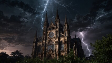 Obraz premium A Gothic-style colossal cathedral surrounded by wild-growing thorns and vines, set against the backdrop of a night sky torn by lightning.