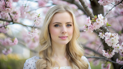 Fototapeta premium A blonde with a gentle smile against the backdrop of brightly blooming sakura branches. 