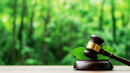 A gavel resting on a green leaf with a dense forest in the background, symbolizing forest law and protection, gavel forest leaf, environmental justice