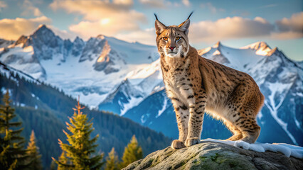 Obraz premium A graceful lynx rests on a rock against the backdrop of majestic snow-capped mountains.