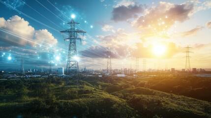 A modern energy facility with interactive digital energy grids and glowing power units