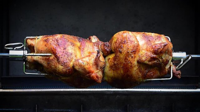 Roasted chicken on spit turning in BBQ