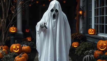 Ghostly Halloween Greeting: A ghostly figure emerges from the shadows, shrouded in a white sheet and a chilling mask, surrounded by glowing jack-o'-lanterns. Perfect for creating a spooky Halloween at