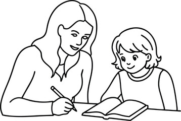 Loving young mother and daughter drawing painting in album or learn to write in notebooks or in writing. Vector Illustration