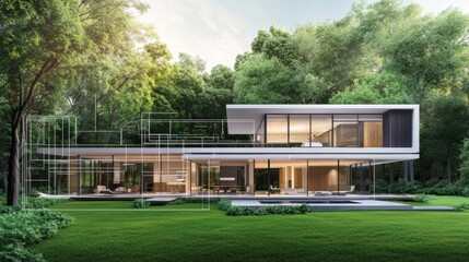 A modern house design with a detailed blueprint overlay