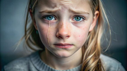 A touching portrait of a twelve year old girl with a tear rolling down her right cheek.