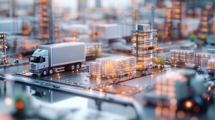 A modern logistics center with transparent sorting systems and glowing delivery routes