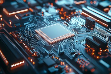 Close-up of a Modern Microprocessor on a Circuit Board with Vibrant Lighting