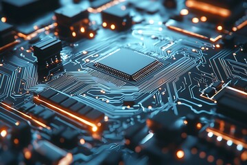 Close-Up of a Microchip on a Circuit Board with Blue Lighting