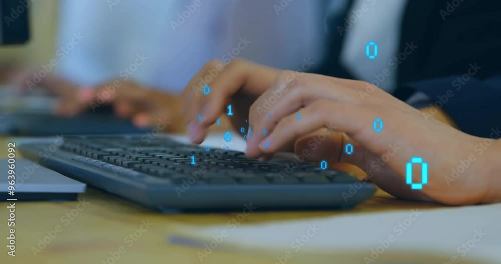 Poster animation of binary coding data processing over diverse business people using computers