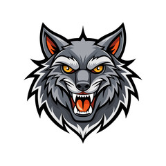 Wolf bares its teeth. Full face. Roaring wolf head logo or icon. Cartoon symbol, perfect for a mascot. Stock vector illustration.