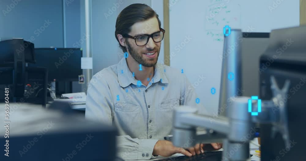 Poster animation of binary coding data processing over caucasian businessman in office