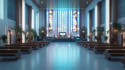 Fototapeta premium A modern place of worship with interactive digital displays and neon-lit altars style