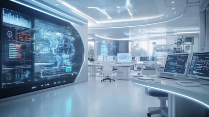 A modern research center with interactive digital experiment stations and neon-lit data displays style