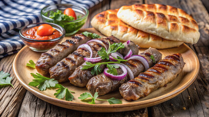 Grilled Balkan cevapi with bread served on a rustic table.