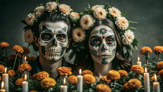 Surreal fusion of human and skeleton faces surrounded by bright marigolds and candles, [Day of the Dead], [life and death metaphor]
