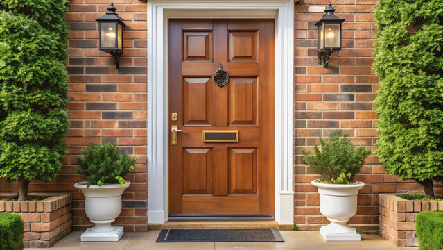 Front view of a wooden entrance door with lanterns on the sides, against a brick wall.