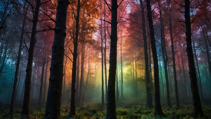 Fototapeta premium A surreal dream forest where trees are made of glass and light, set against a backdrop of a shifting, multicolored sky.