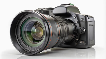 Fototapeta premium Professional grade interchangeable lens camera on white background, ideal for shooting.