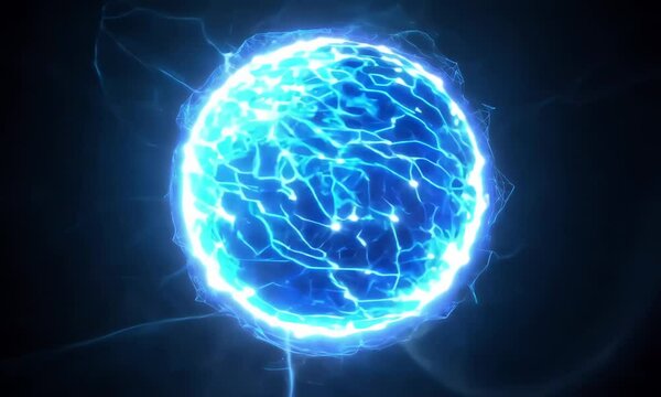 Spherical blue neon energy or plasma ball  with bright electric lightning streams and glowing effects on black background, VFX