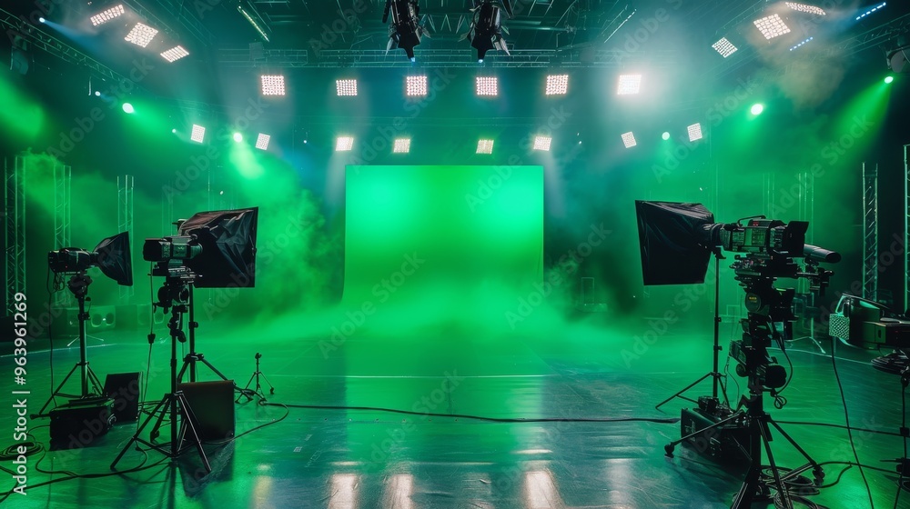 Wall mural green screen studio setup with cameras and lighting