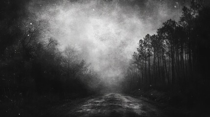 Vintage, grungy texture landscape in black and white with dark tones, featuring trees in the background for a classic and moody atmosphere