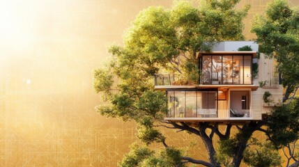 A modern treehouse design with detailed blueprints