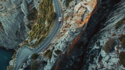 Aerial View of Winding Road on Cliffside