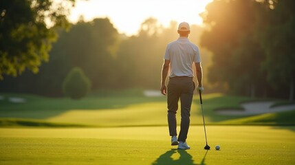 Individual Playing Golf on Lush Course Symbolizing Leisure and Financial Freedom in Morning Light