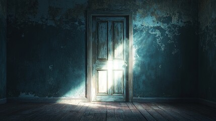 A door is open in a dark room with sunlight shining through it