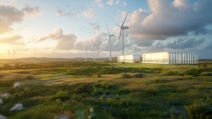 Obraz premium A modern wind farm with transparent turbines and glowing energy storage units