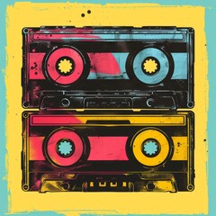 Naklejka premium Retro Cassette Tape with Colorful Grunge Background