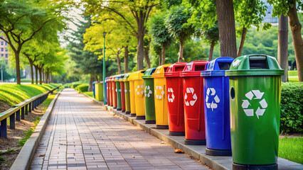 The sidewalk of the city park is strewn with multi-colored plastic trash bins, emphasizing the concern for cleanliness.
