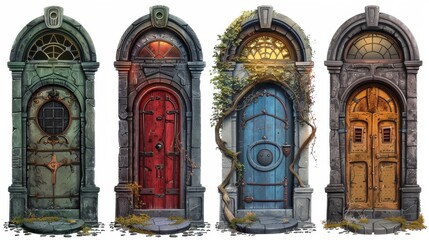 Obraz premium Fantasy Doors Collection Stone Arches Ornate Designs Red Blue Green Yellow