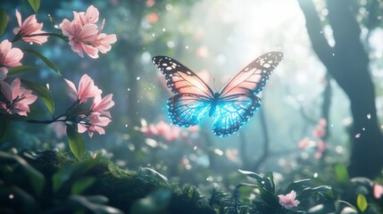 A neon-lit butterfly with holographic wings fluttering in a digital forest style